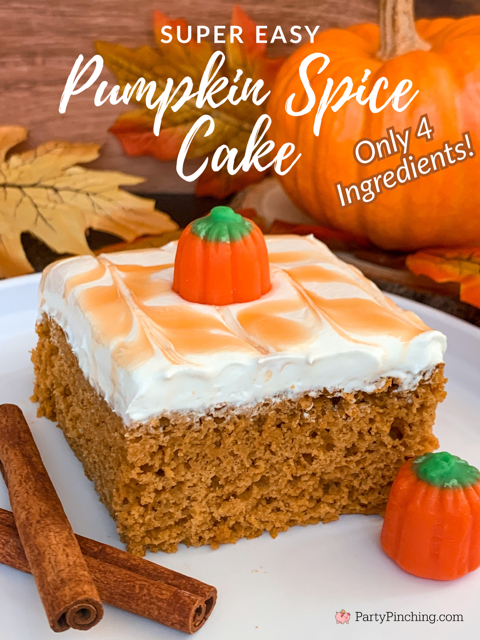 super easy pumpkin spice cake recipe, best easy pumpkin spice cake, 4 ingredient pumpkin spice cake, 5 minute prep pumpkin spice cake, easiest best pumpkin spice cake moist, spice cake mix can pure pumpkin applesauce eggs, pumpkin pie cake recipe with caramel and whipped cream