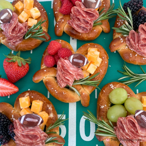 Football Charcuterie Pretzels, Game Day Charcuterie Pretzels, best easy appetizers snack food for the Big Game Super Bowl, best easy quick food recipes for football game day watch party, best easy snack food appetizer recipes for a crowd or party
