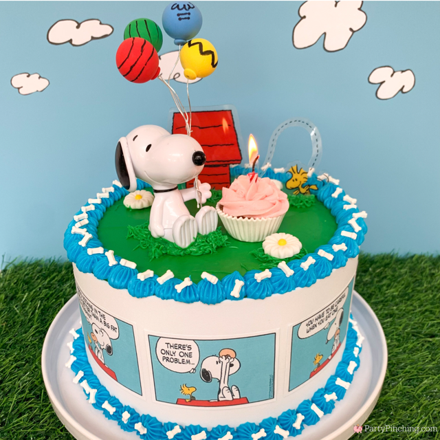 Snoopy Birthday Cake, easy best Snoopy Birthday Cake, Snoopy Peanuts comic strip cake, cute Snoopy Birthday cake with bone sprinkles, Snoopy holding balloons birthday cake Woodstock doghouse