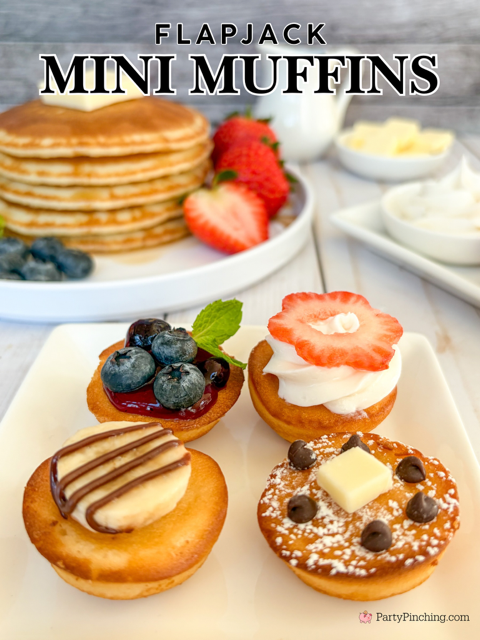Flapjack Mini Muffins, Little Debbie Flapjack Mini Muffins, Pancake mini muffins, mini pancakes, easy mini pancake sampler, mini blueberry pie pancakes, mini banana Nutella pancakes, mini strawberries and cream pancakes, mini chocolate chip pancakes, no cook bake mini pancake muffins, easy brunch breakfast ideas