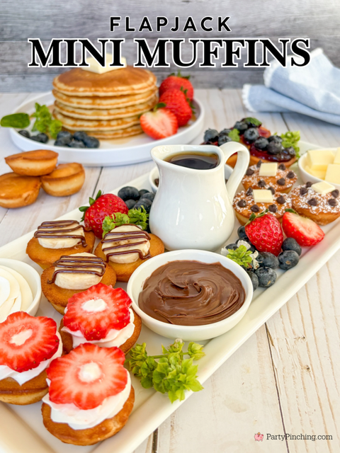 Flapjack Mini Muffins, Little Debbie Flapjack Mini Muffins, Pancake mini muffins, mini pancakes, easy mini pancake sampler, mini blueberry pie pancakes, mini banana Nutella pancakes, mini strawberries and cream pancakes, mini chocolate chip pancakes, no cook bake mini pancake muffins, easy brunch breakfast ideas