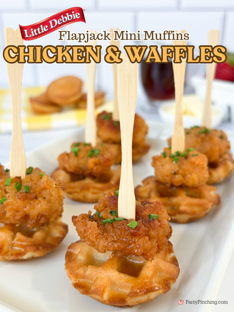 Mini Chicken and Waffles easy best recipe, Little Debbie flapjack mini muffins chicken and waffles, best easy chicken and waffles appetizer, chicken and waffles for parties game day football watch party