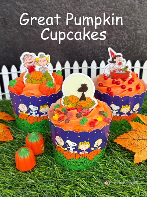 Great Pumpkin Cupcakes, easy best great pumpkin Charlie Brown cupcakes, easy Halloween treat ideas recipes for kids, Snoopy Linus Lucy Sally cupcakes for Halloween, easy decorated cupcakes for Halloween
