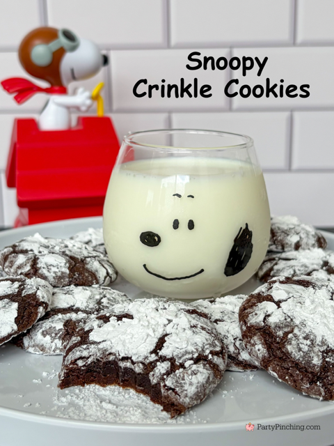 Snoopy Crinkle Cookies, best easy crinkle cookie recipe, Duncan Hines Box mix Snoopy Crinkle Cookies, easy best holiday cookie recipe ideas, chocolate crinkle cookies, snoopy charlie brown peanuts gang cookie recipe