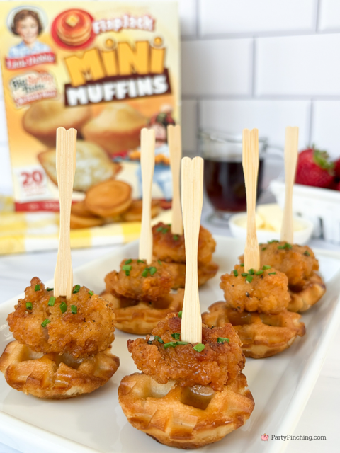 Mini Chicken and Waffles easy best recipe, Little Debbie flapjack mini muffins chicken and waffles, best easy chicken and waffles appetizer, chicken and waffles for parties game day football watch party
