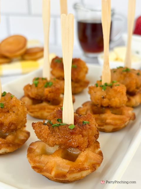 Mini Chicken and Waffles easy best recipe, Little Debbie flapjack mini muffins chicken and waffles, best easy chicken and waffles appetizer, chicken and waffles for parties game day football watch party