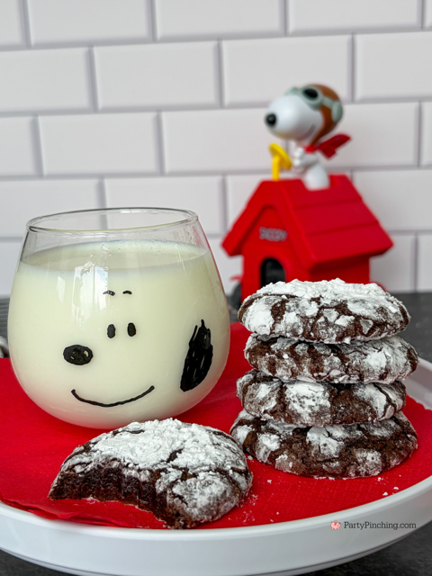 Snoopy Crinkle Cookies, best easy crinkle cookie recipe, Duncan Hines Box mix Snoopy Crinkle Cookies, easy best holiday cookie recipe ideas, chocolate crinkle cookies, snoopy charlie brown peanuts gang cookie recipe