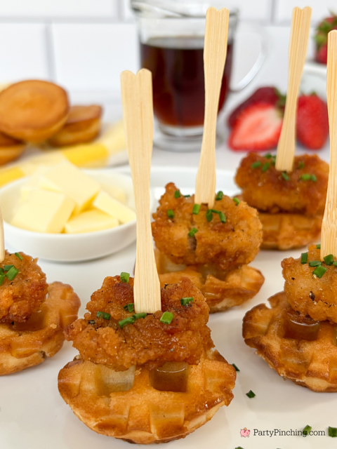 Mini Chicken and Waffles easy best recipe, Little Debbie flapjack mini muffins chicken and waffles, best easy chicken and waffles appetizer, chicken and waffles for parties game day football watch party