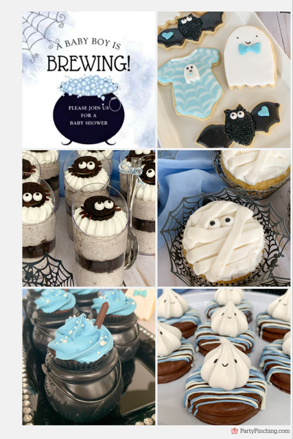 a baby is brewing baby shower Halloween theme for baby boy, cute Halloween baby shower ghost cookies, cute onesie cookies for baby shower, cute mummy cupcake cauldron brownies, cute bat cookies, cute ghost meringue cookies, spider oreos