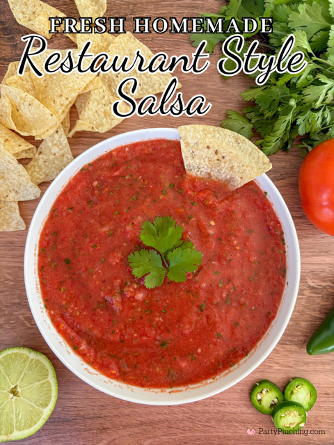easy fresh homemade restaurant style salsa, best salsa recipe, super easy best fresh salsa recipe, best salsa recipe for a crowd, best easy potluck picnic cinco de mayo super bowl football tailgate food salsa recipe ideas