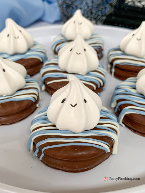a baby is brewing baby shower Halloween theme for baby boy, cute Halloween baby shower ghost cookies, cute onesie cookies for baby shower, cute mummy cupcake cauldron brownies, cute bat cookies, cute ghost meringue cookies, spider oreos