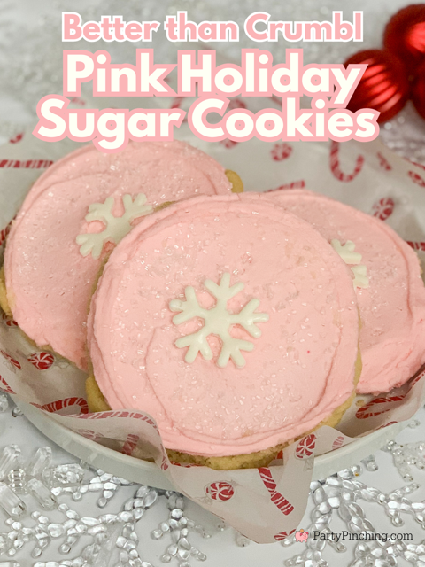 Better than Crumbl Pink Holiday sugar cookie, best Crumbl copycat recipe, easy best Crumbl sugar cookie pink copycat recipe, best easy Christmas cookie recipe cookie exchange ideas, best easy cookie gifts