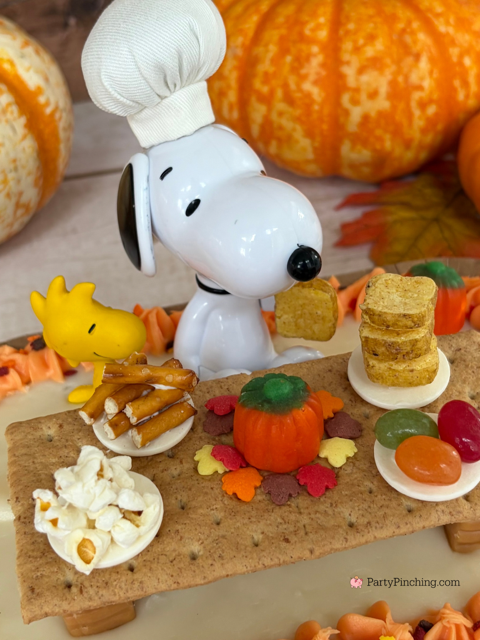 Snoopy's Thanksgiving Dinner Cake, Snoopy's Thanksgiving Feast, Snoopy Trader Joe's Mini Cake, Trader Joe's Mini Thanksgiving Cake, A Charlie Brown Thanksgiving, Snoopy, Charlie Brown, Woodstock, Jelly beans popcorn pretzels toast Thanksgiving dinner, easy no bake Thanksgiving dessert, Thanksgiving ideas for kids, best easy Thanksgiving recipes