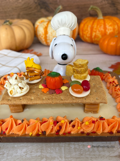 Snoopy's Thanksgiving Dinner Cake, Snoopy's Thanksgiving Feast, Snoopy Trader Joe's Mini Cake, Trader Joe's Mini Thanksgiving Cake, A Charlie Brown Thanksgiving, Snoopy, Charlie Brown, Woodstock, Jelly beans popcorn pretzels toast Thanksgiving dinner, easy no bake Thanksgiving dessert, Thanksgiving ideas for kids, best easy Thanksgiving recipes